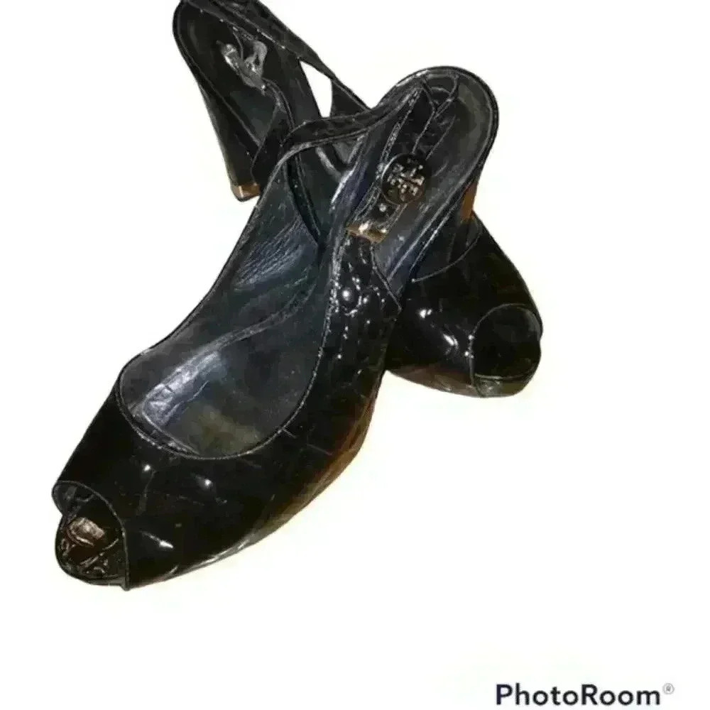 Tory Burch Alison‎ Croc patent peep toe heels, 9.5
